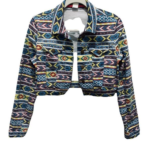Tinseltown cropped Aztec inspired denim jean jacket size large. See measurements - Picture 1 of 12